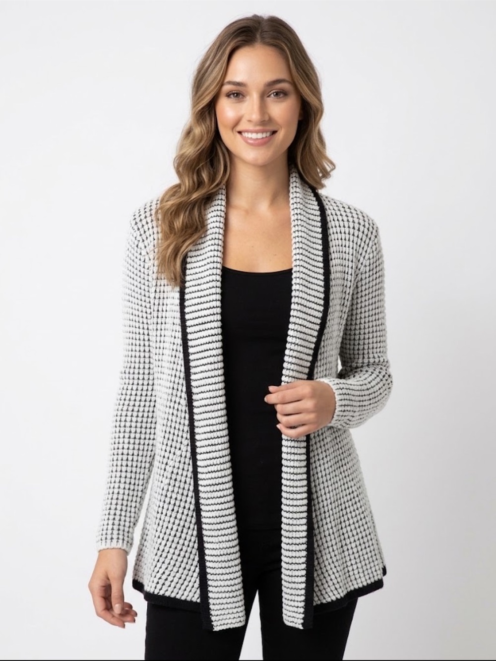 MAUVE Black White Chunky Textured Knit Open Front Cardigan L
